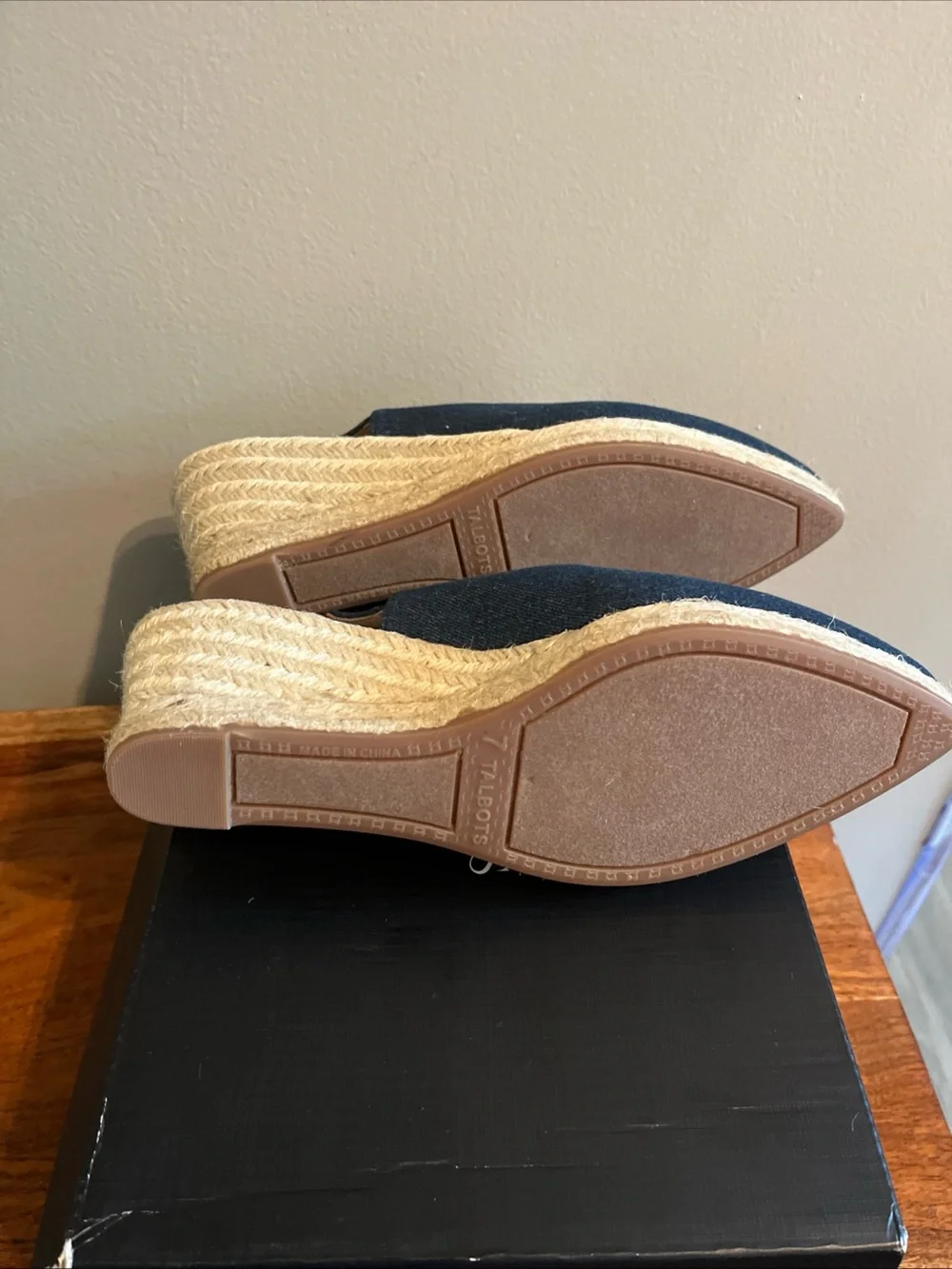 NEW! Talbots 7M Blue Dark Denim Vivi Espadrille Wedge Slingback Sandal Heel